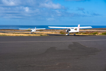 France, La R&eacute;unionn Island, taking off of a light aircraft planes at Pierrfonds airport.