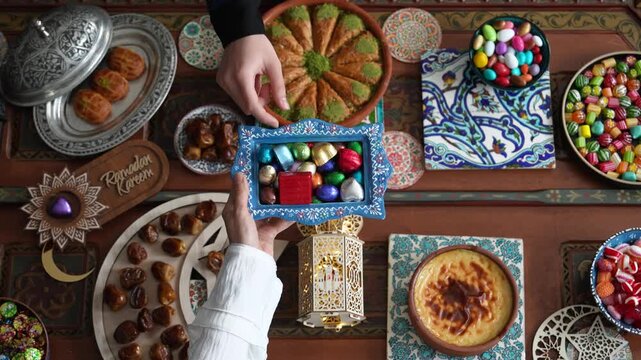 Muslim Family Having Dinner At Home, Ramadan Iftar Table,  Iftar Table Turkish Traditional Food, Ramadan Background, Eid Mubarak Concept Video, Uskudar Istanbul, Turkiye (Turkey) 