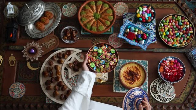Muslim Family Having Dinner At Home, Ramadan Iftar Table,  Iftar Table Turkish Traditional Food, Ramadan Background, Eid Mubarak Concept Video, Uskudar Istanbul, Turkiye (Turkey) 