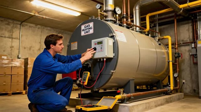 Technician diagnosing and adjusting controls on a commercial boiler ensuring efficient operation of a large gas heating unit in a multistory building.