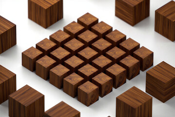 Wooden isometric design nested cubes of varying sizes showing wood rings on white background