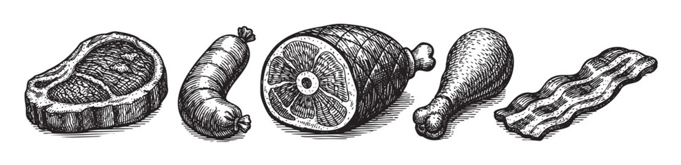 Obraz premium A detailed black and white ink sketch showcases a collection of various meat cuts, including a steak, sausage, ham, chicken leg, and bacon, rendered in a classic etching style.