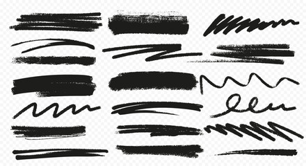 Rough scribble strokes. Charcoal doodle lines, wavy brush marks, pencil strokes, and textured marker strokes isolated on transparent background