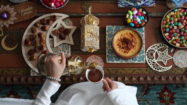 Muslim Family Having Dinner At Home, Ramadan Iftar Table,  Iftar Table Turkish Traditional Food, Ramadan Background, Eid Mubarak Concept Video, Uskudar Istanbul, Turkiye (Turkey) 
