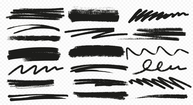 Rough scribble strokes. Charcoal doodle lines, wavy brush marks, pencil strokes, and textured marker strokes isolated on transparent background