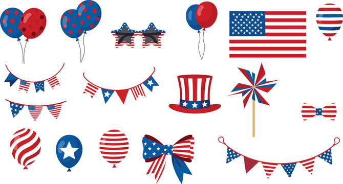 Set of American patriotic party decorations including balloons buntings pinwheels and Uncle Sam top hat with stars and stripes isolated on white background flat vector illustration