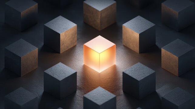Glowing orange cube stands out among dark gray cubes in a grid pattern