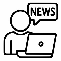 Line icon of a person with laptop and news feed &mdash; digital newsroom, black on white, square minimalist style