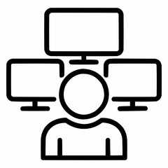 Line icon of a person with multiple screens &mdash; news monitoring, black on white, square minimalist style