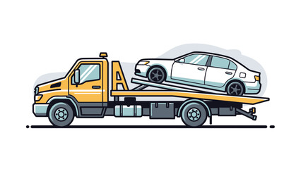 Fototapeta premium Flatbed Tow Truck Transporting a White Sedan Car.