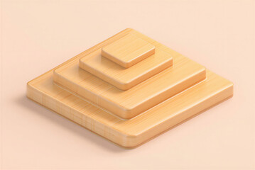 Wooden isometric design triple tiered platform for product display on beige background