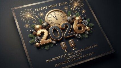 New year celebration 2026 festive event announcement with clock and fireworks