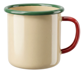 A retro tin mug perfect for enjoying nostalgic hot cocoa in a cozy space.