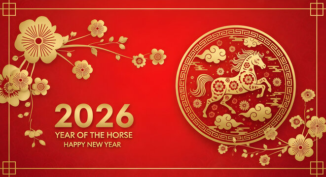 Happy Chinese new year of the horse 2026 festive banner with gold horse, flowers. illustration for header of website