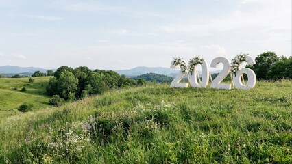 Large 2026 numbers decorated with flowers in a grassy landscape