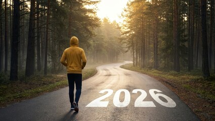 Person walking on road with year 2026 marking forward