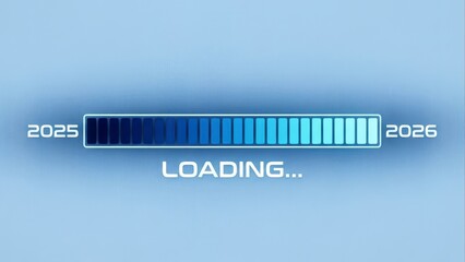 Progress bar showing loading from year 2025 to 2026 with digital interface