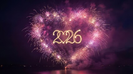 Heart shaped fireworks display illuminates night sky with glowing numbers