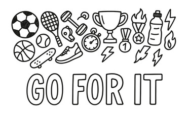 Doodle icons featuring sports gear and motivational quote 'go for it'