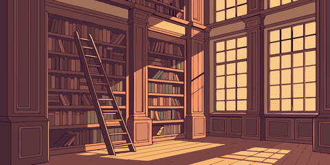 Grand Classic Library with Floor-to-Ceiling Bookshelves, Ladder, and Warm Sunlight © SABIHA