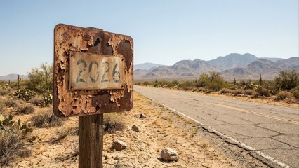 Rusty roadside sign indicating a year in a desert landscape