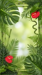 Lush Tropical Foliage with Red Heliconia Flowers.