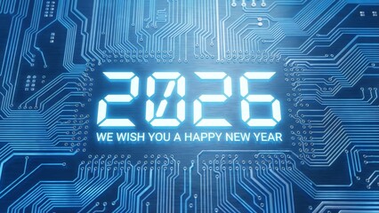 Digital display shows year 2026 with happy new year message on circuit board background
