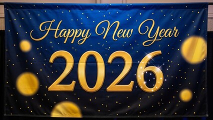 Happy new year 2026 celebration banner with golden orbs
