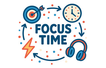 Fototapeta premium Focus time concept with target, clock, headphones, and lightning bolt in blue and red design