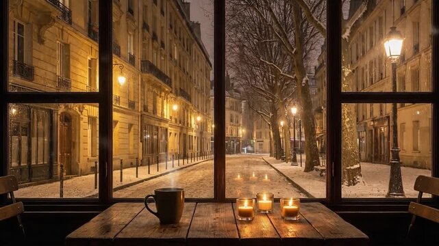 A cozy caf&eacute; interior with candlelit tables overlooks a snowy European street, creating a warm, romantic, and peaceful winter evening atmosphere.