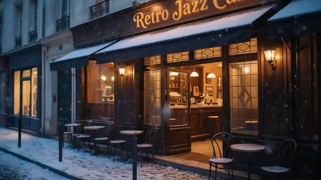 A nostalgic retro jazz caf&eacute; glowing at night on a snowy city street, warm lights and vintage charm creating a cozy urban winter mood.