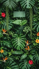 Lush Tropical Foliage with Monstera Leaves and Colorful Flowers.