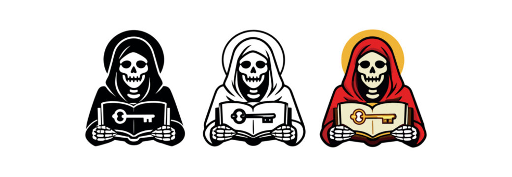 santa muerte skeletal figure with open book and key on pages