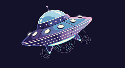 Retro style flying saucer ufo glides through a dark purple sky with colorful light beams and glowing cosmic elements.