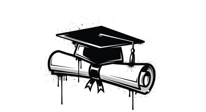 Graduation cap and diploma scroll are presented in a bold black and white graffiti style with artistic paint drips.