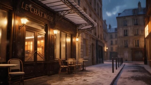 A cozy Parisian street caf&eacute; glowing with warm lights on a quiet winter evening, creating a charming and romantic European city atmosphere.