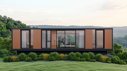 Obraz premium Modern House with Wood Panels Surrounded by Lush Green Landscape and Scenic View