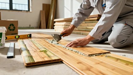 Engineer applying adhesive to engineered bamboo flooring panels in a welllit room emphasizing precision and environmentally conscious construction.