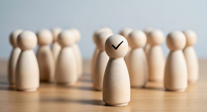 Wooden figurines with one having a check mark on its head in a row on a wooden surface light wood