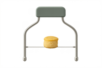 Metal cake slicer leveling a baked sponge cake