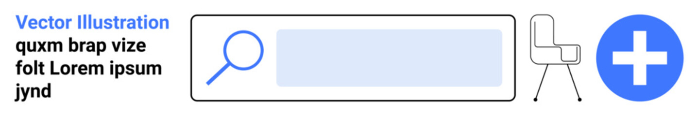 Obraz premium User interface, web search, digital tools, minimal design, accessibility, technology. Search bar with magnifying glass, a chair icon and an add button. UI design and web search concept