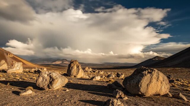 Rocky desert landscape with mountains and cloudy sky