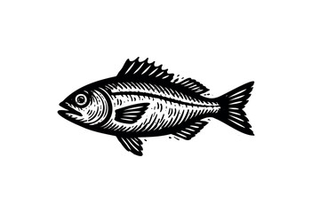 Fototapeta premium A simple black and white illustration of a fish, rendered in a linocut style with visible textures and detail. The fish is depicted in profile against a clean white background.