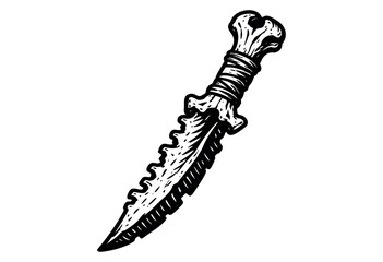 A black and white illustration of a primitive knife crafted from a bone, depicting rough textures and a hand-made aesthetic ideal for historical or fantasy themes.