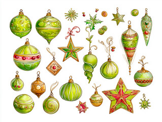 Watercolor set of vintage green and gold Christmas ornaments and stars isolated on white background