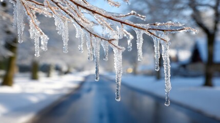 Icicles Hanging from Branches in a Winter Landscape