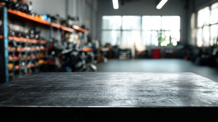 Empty dark metal table top on blurred automotive workshop background