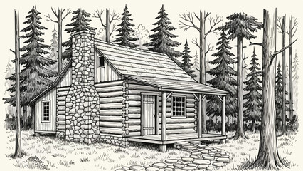 Fototapeta premium Small log cabin architecture in dense evergreen forest vector sketch