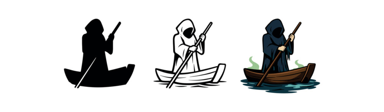 underworld myths hooded ferryman silhouette holding pole on small boat