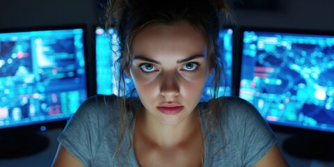 Young Woman Staring Intently at Multiple Computer Screens